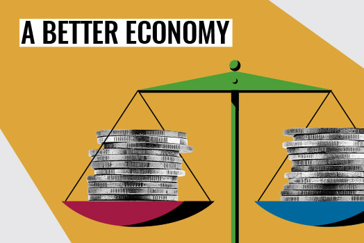 Photocomposition: A weighing scale with coins and the words A Better Economy